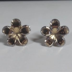 Beautiful Solid 14k Yellow & White Gold Hibiscus Floral Stud Earrings With Backs